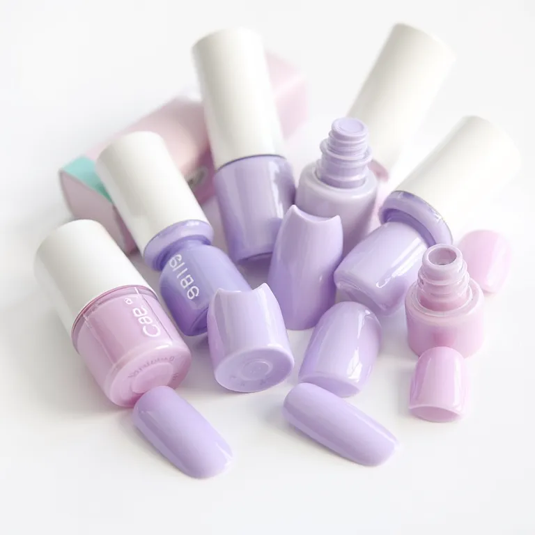 Produtos para unhas lilás pastel.