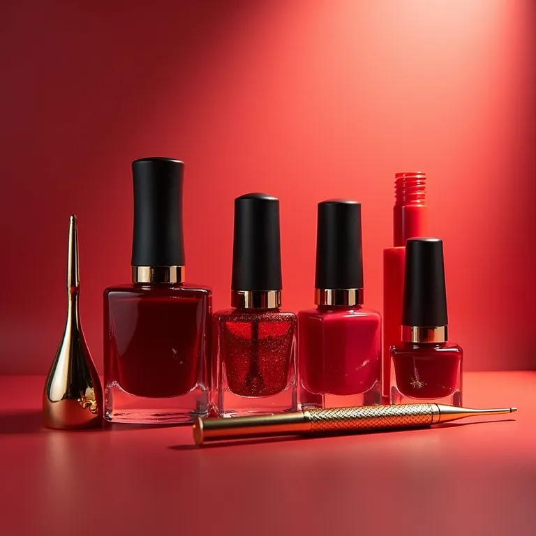 Produtos para unhas vermelhas e douradas.