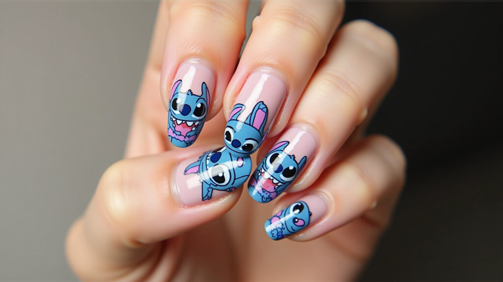 Professional photo of 3D Stitch nail art, textured design, playful details, unique style, 8k Unhas 3D com o Stitch.
