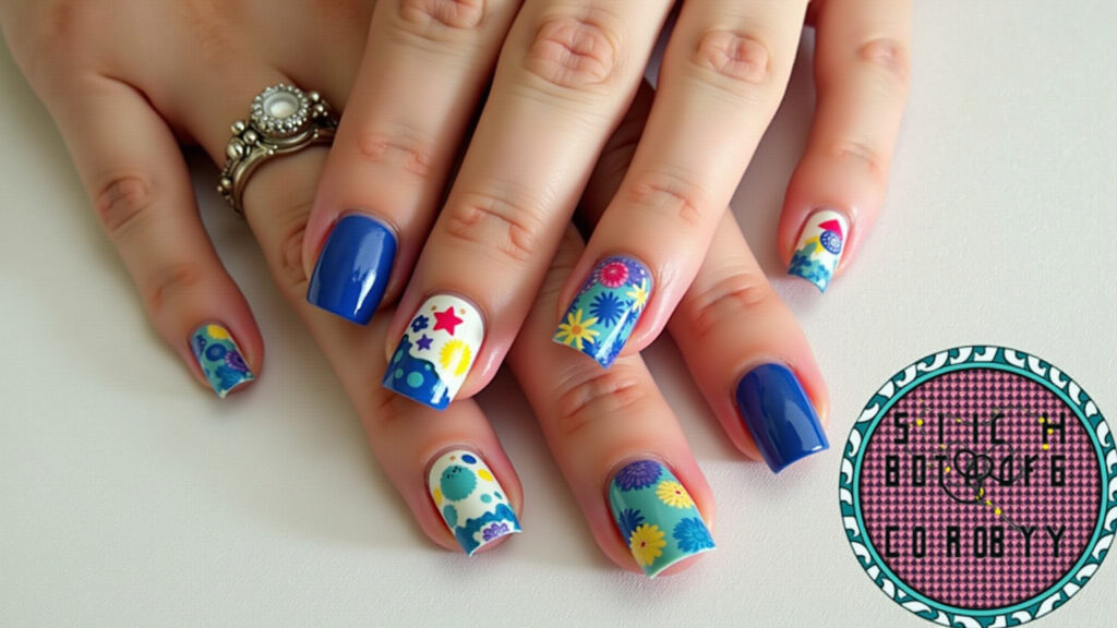 Professional photo of abstract Stitch nail art, vibrant colors, geometric shapes, modern design, 8k Unhas abstratas com o Stitch.
