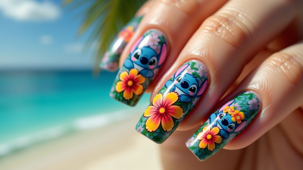 Professional photo of vibrant Hawaiian-themed Stitch nail art, tropical flowers, beach scene, Unhas Stitch com tema havaiano.