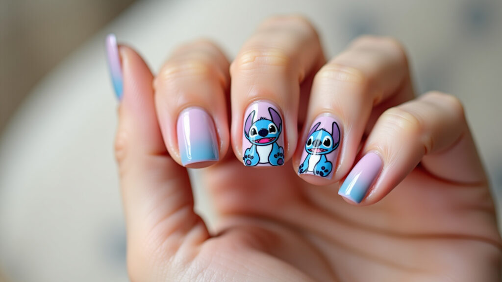 Professional photo, woman's hand with baby Stitch nail art, pastel colors, cute details, adorable Unhas com o Stitch bebê.