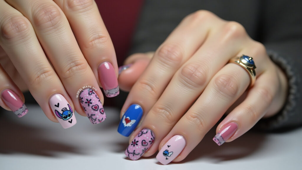 Professional photo, woman's hands with Stitch and Angel nail art, romantic design, blue and pink Unhas com Stitch e Angel.