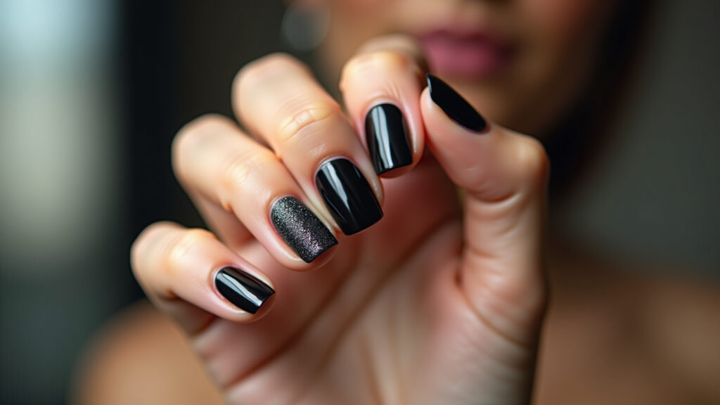 Professional photography, 8k, hyper-realistic: Black nails with one accent nail covered in black Filha única com glitter preto em unhas pretas.
