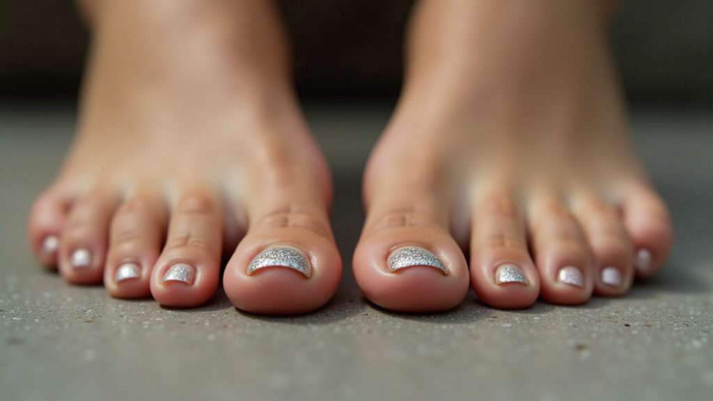 Professional photography, 8k, hyper-realistic close-up of woman's feet with one toe nail decorated Filha única com glitter em unha do pé.