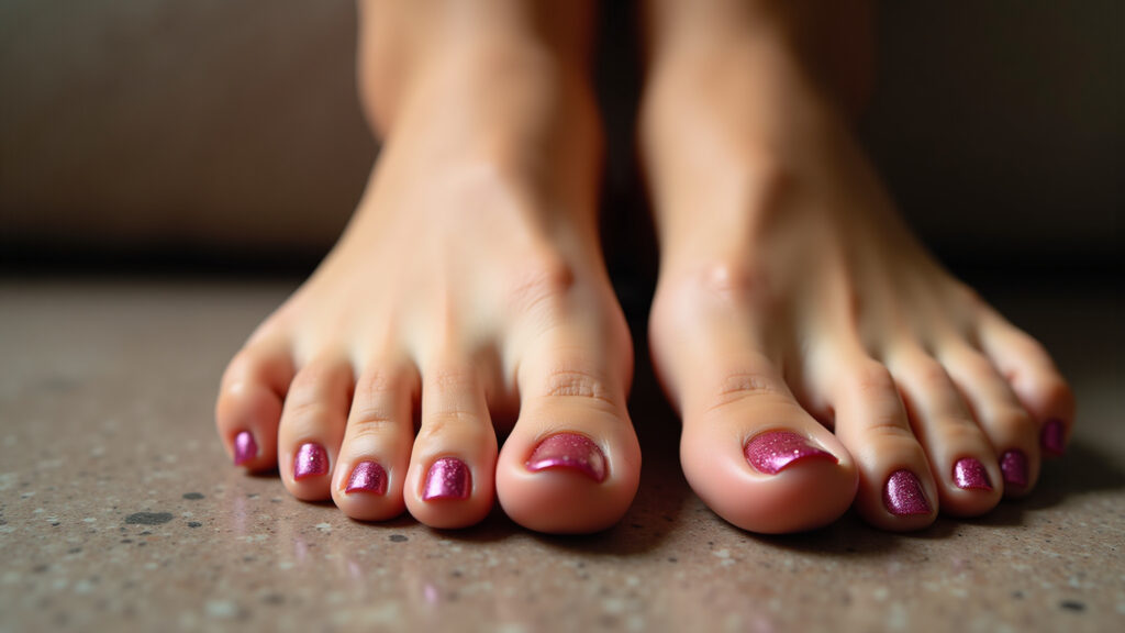 Professional photography, 8k, hyper-realistic close-up of woman's feet with glitter nail polish, Unhas do pé com esmalte de glitter brilhante.