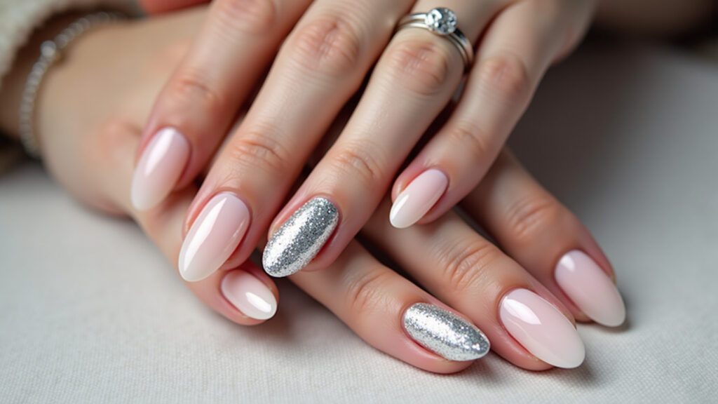 Unhas almond de fibra com glitter prateado para um visual de festa.