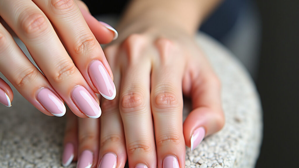 Professional photography, almond fiberglass nails, modern French manicure variation, vibrant pink Francesinha moderna em unhas de fibra de vidro almond rosa.