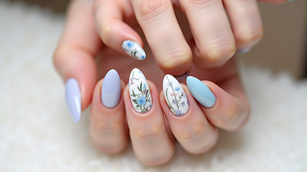 Professional photography, almond fiberglass nails, nail stickers, floral pattern, pastel colors, Adesivos florais em tons pastel em unhas almond de fibra.