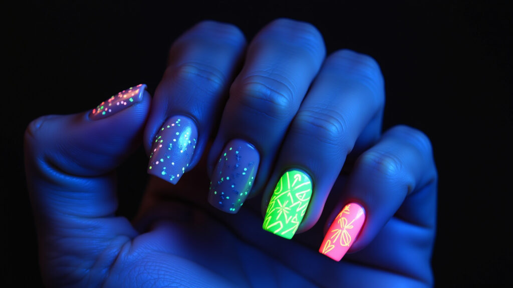 Professional photography of a woman's hand with one nail painted nude and another with neon green Filha única neon com desenho geométrico verde.