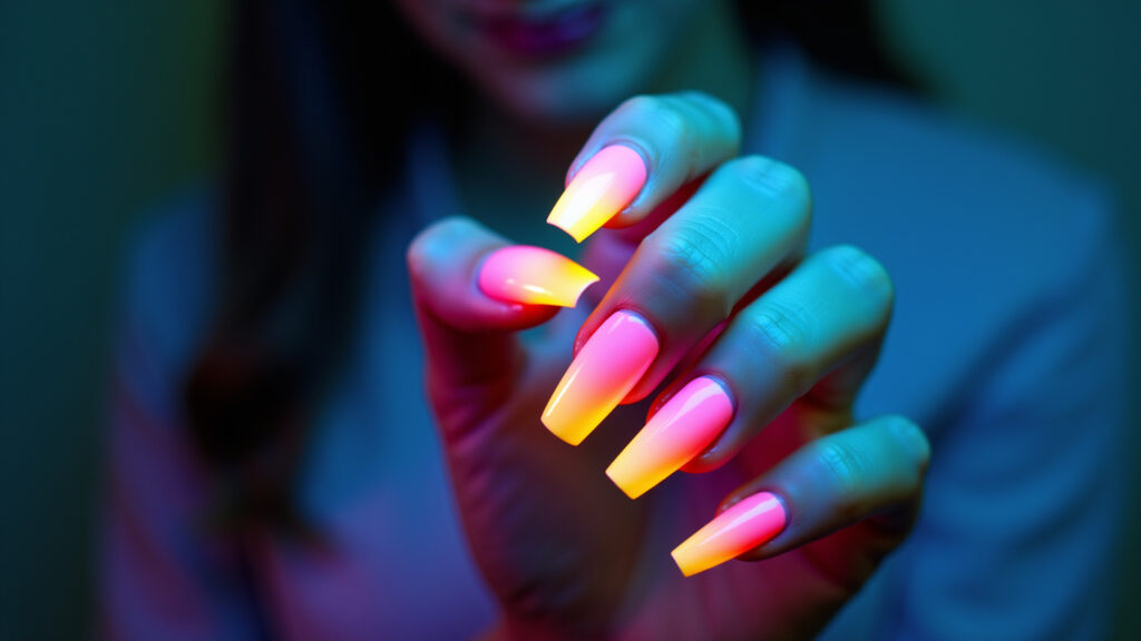 Professional photography of a woman's hand with vibrant neon ombre nails, smooth color gradient, Unhas com degradê ombré em cores neon.