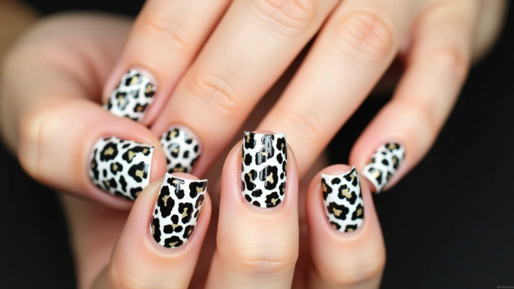 Unhas decoradas com estampa de animal print.