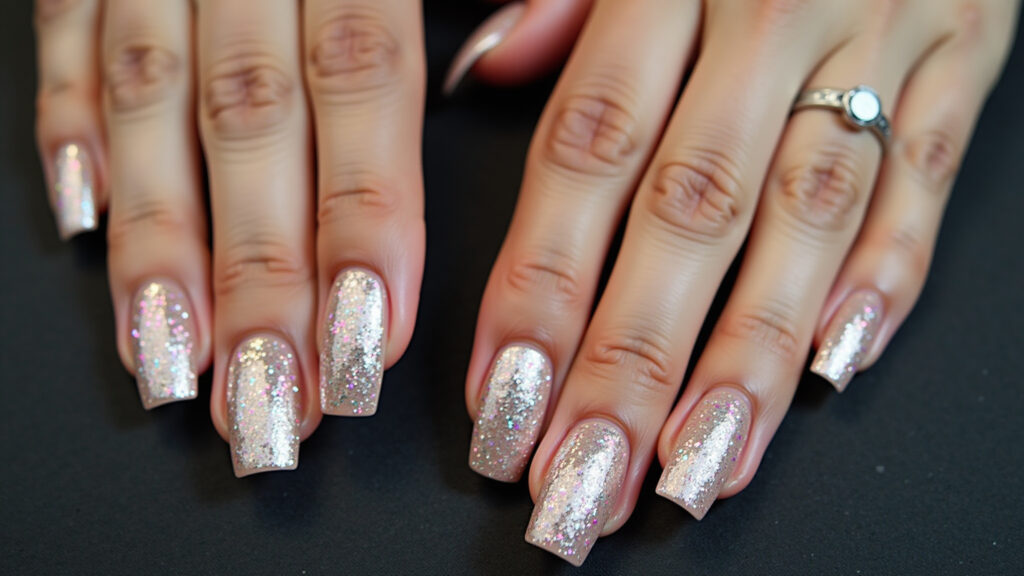 Professional photography of glitter nail art, full glitter coverage, sparkling effect, 8K quality, Unhas decoradas com glitter e brilho.