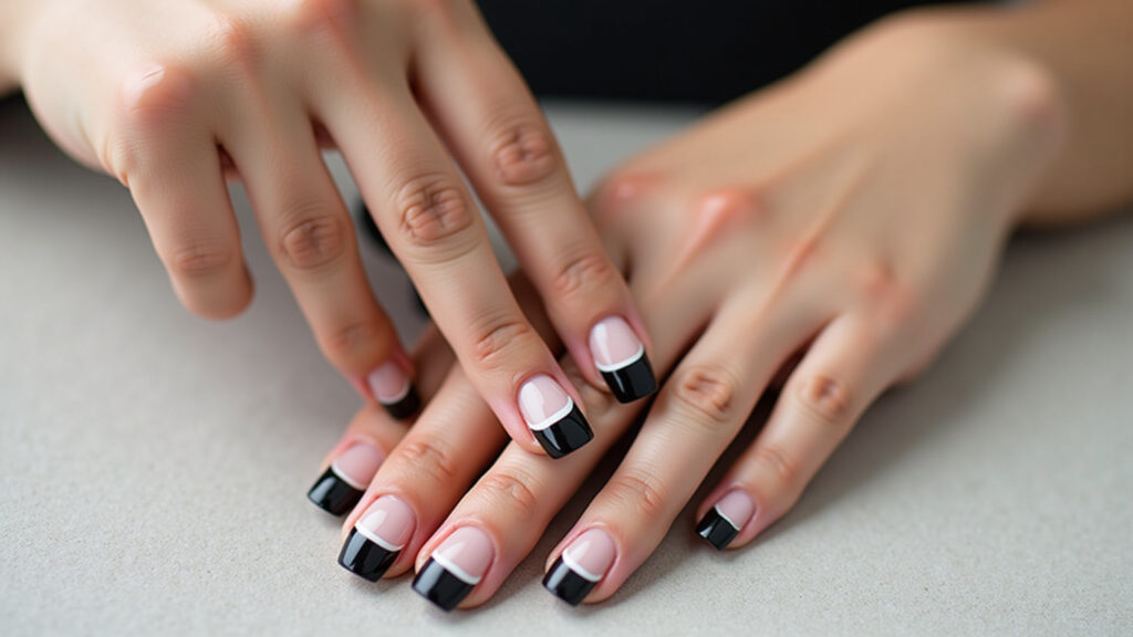 Professional photography of hands showing inverted french manicure with black base and white tip, Francesinha invertida moderna com preto e branco.