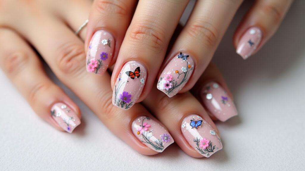 Professional photography of hands with 3D nail art stickers, flowers and butterflies, soft Unhas decoradas com adesivos e aplicações 3D.