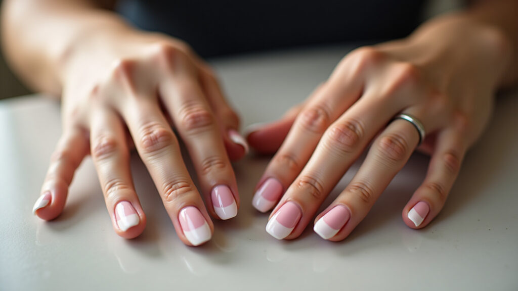 Professional photography of hands with gel nail polish and sponged effect, soft gradient, delicate Esmalte em gel com esponjado: efeito degradê suave.