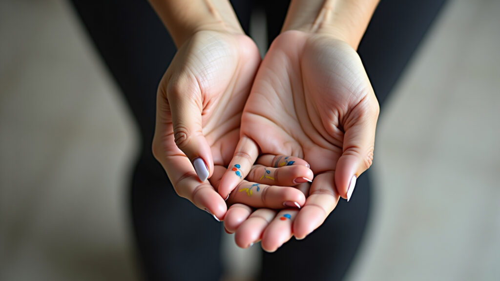 Professional photography of hands with geometric designs in gel, minimalist style, contrasting Desenhos geométricos com gel para um visual moderno e estiloso.