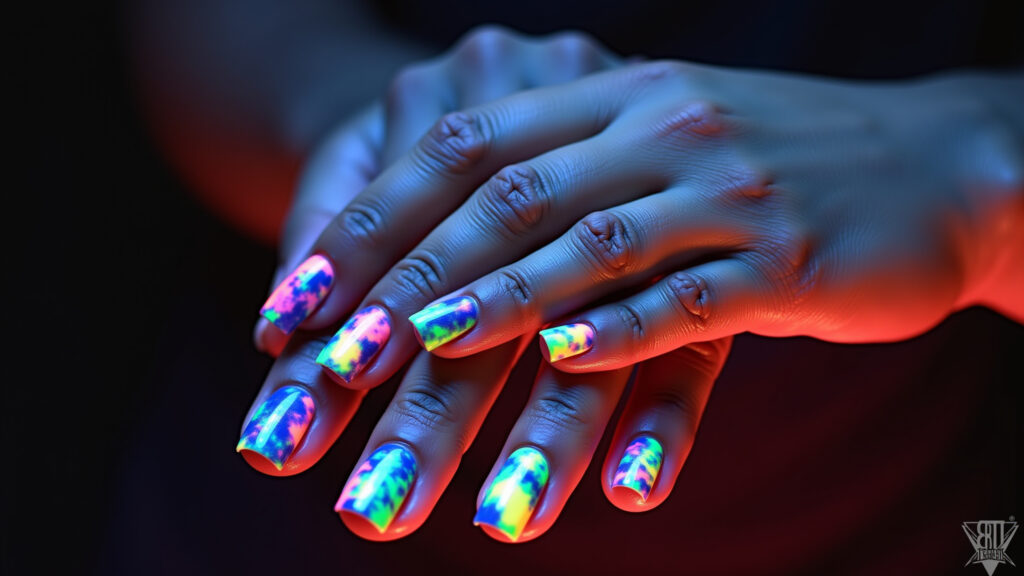 Professional photography of hands with neon tie-dye nails, psychedelic pattern, vibrant colors, Unhas com estampa tie-dye neon psicodélica.