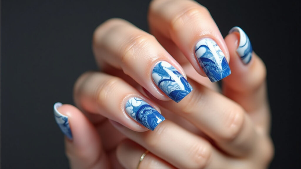 Professional photography of marbled nail art in blue and white, close-up shot, 8K quality, sharp Efeito marmorizado elegante em unhas decoradas.