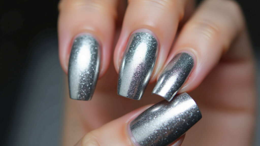 Professional photography of metallic nail art, chrome finish, silver color, futuristic effect, 8K Unhas metalizadas e cromadas com efeito futurista.