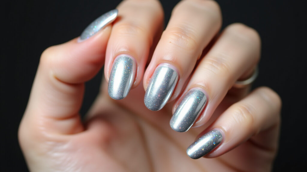 Professional photography of silver nails with holographic effect, modern New Year's manicure, sharp Unhas prateadas com efeito holográfico para o Ano Novo.