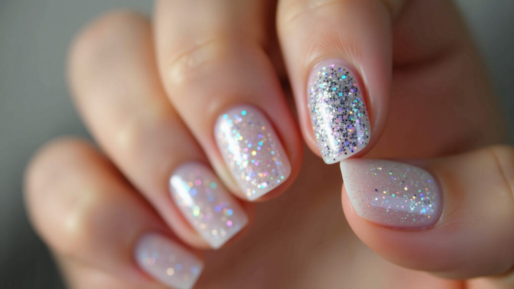 Professional photography of single accent nail with holographic glitter, elegant New Year's Filha única com glitter holográfico para o Ano Novo, elegante.