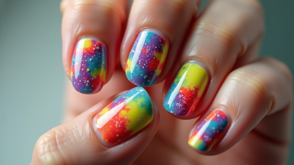 Professional photography of vibrant colorful nails, mix of neon shades, abstract design, New Year's Unhas coloridas e vibrantes para o Ano Novo, design abstrato.