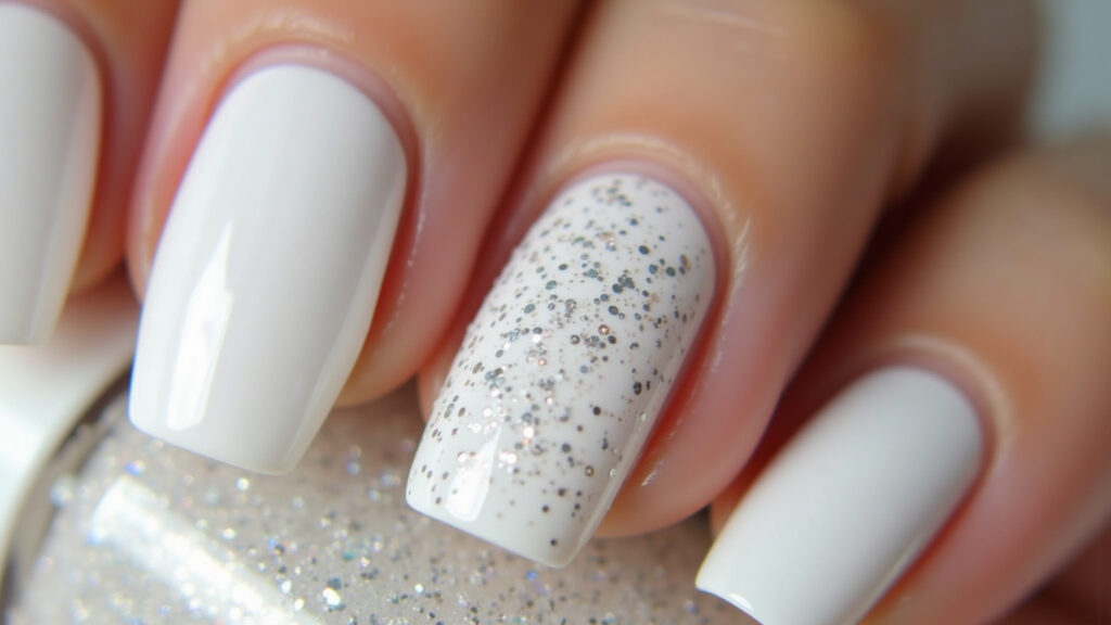 Professional photography of white nails with iridescent glitter, delicate New Year's manicure, Unhas brancas com glitter furta-cor para o Ano Novo, delicadas.