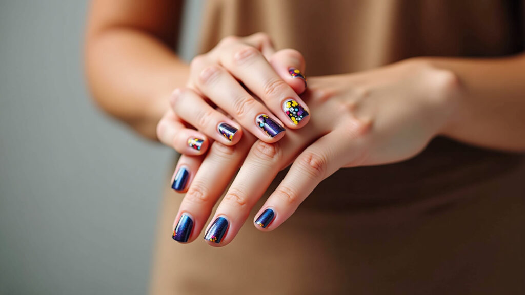 Professional photography of woman's hands with colorful french manicure, vibrant colors, natural Francesinha colorida em unhas.
