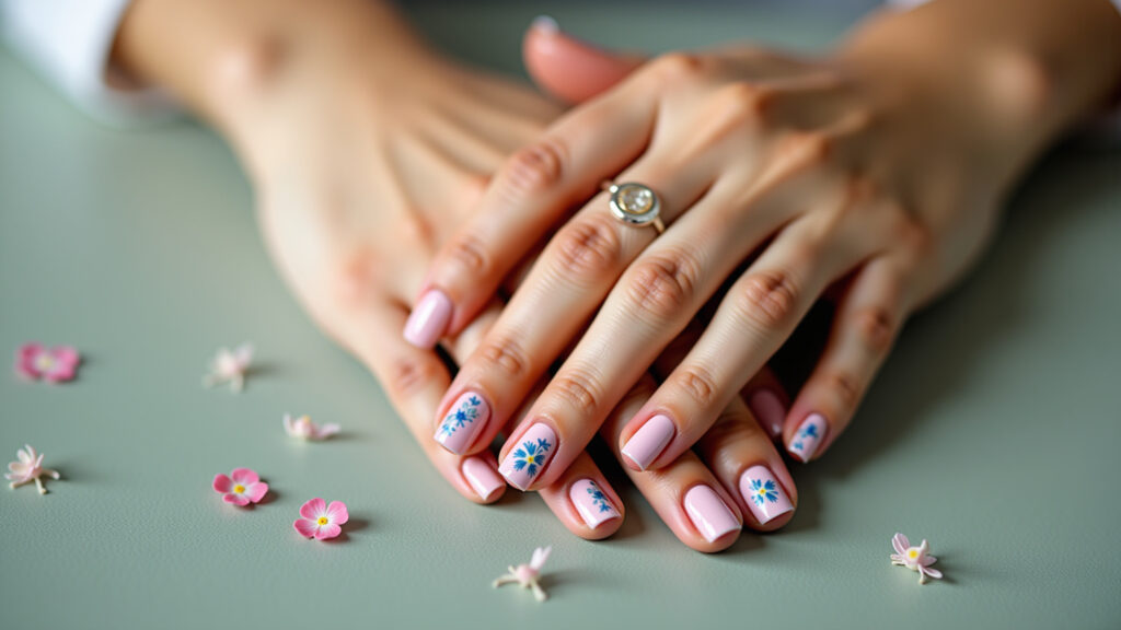 Professional photography of woman's hands with floral nail art, delicate flowers, natural lighting, Unhas decoradas com flores delicadas.