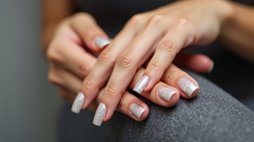 Professional photography of woman's hands with glitter nail art, sparkling effect, natural Unhas com glitter para um visual glamouroso.