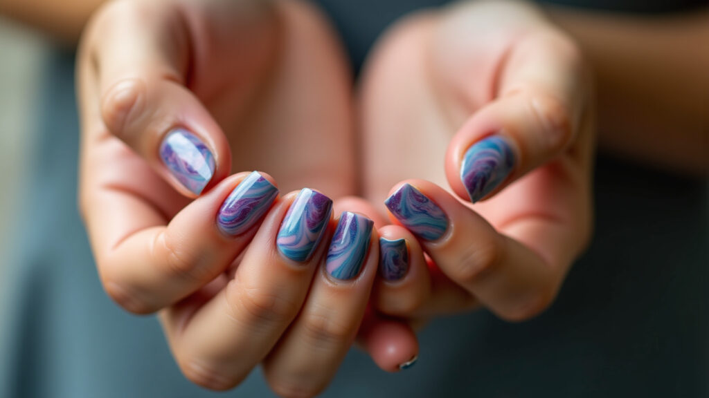 Professional photography of woman's hands with marbled nail art, vibrant colors, water effect, Unhas marmorizadas com efeito único.