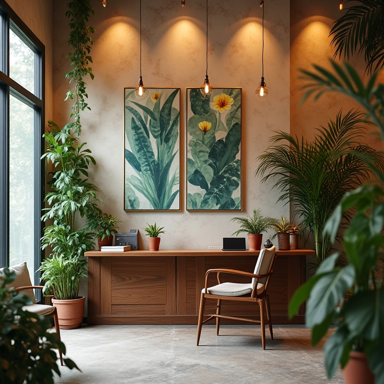 Quadros e plantas decorativas em esmalteria.