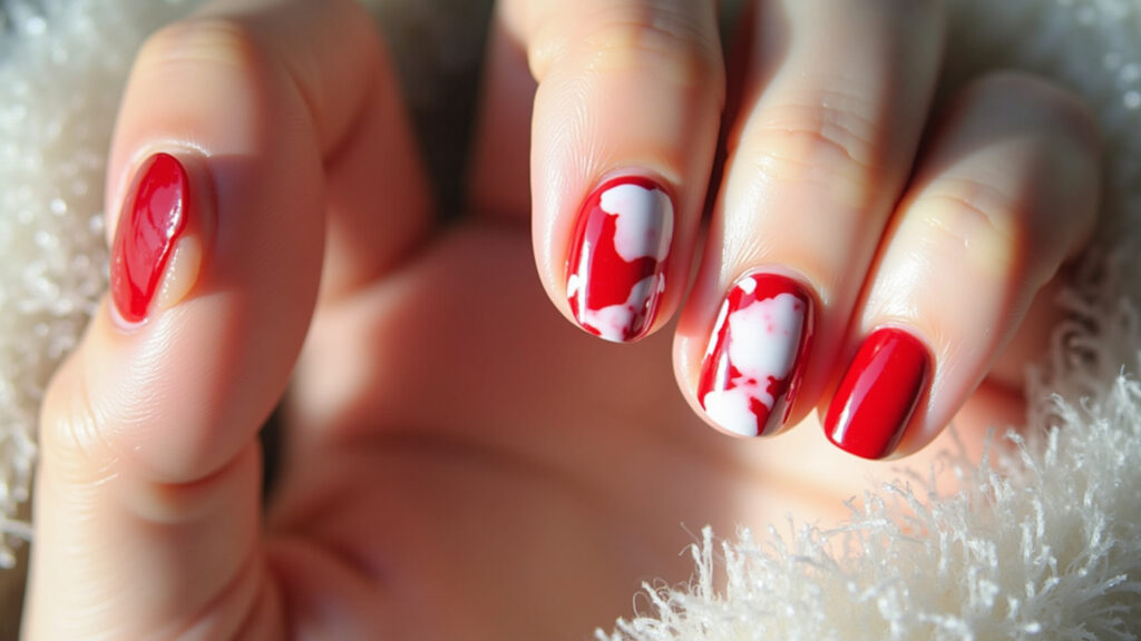 Red and white marbled gel nails, professional photography, 8K quality, sharp focus, natural Unha de gel vermelha com efeito marmorizado.