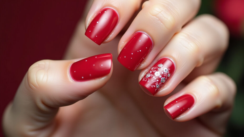 Red gel nails with delicate floral designs, professional photography, 8K quality, sharp focus, Unha de gel vermelha decorada com flores.