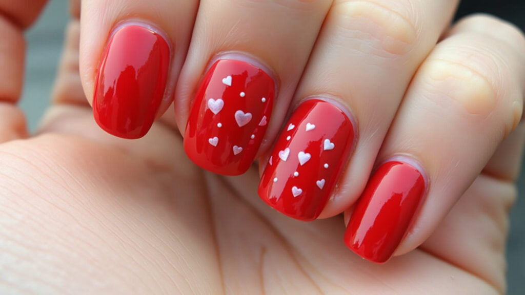 Red gel nails with small heart designs, professional photography, 8K quality, sharp focus, natural Unha de gel vermelha decorada com corações.