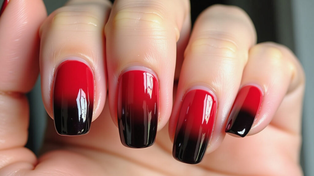 Red ombré gel nails, transitioning from dark to light red, professional photography, 8K quality, Unha de gel vermelha com efeito ombré.