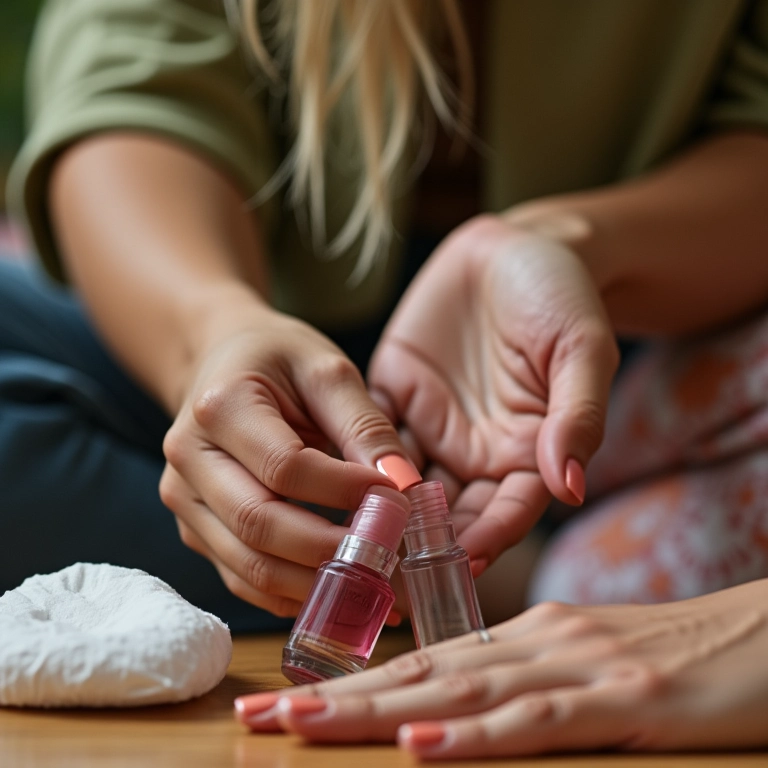 Remoção de esmalte em casa com removedor e algodão.