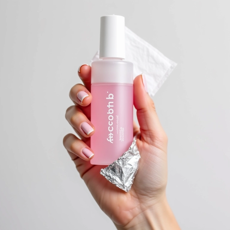 Removedor de esmalte com acetona pura, algodão e papel alumínio.