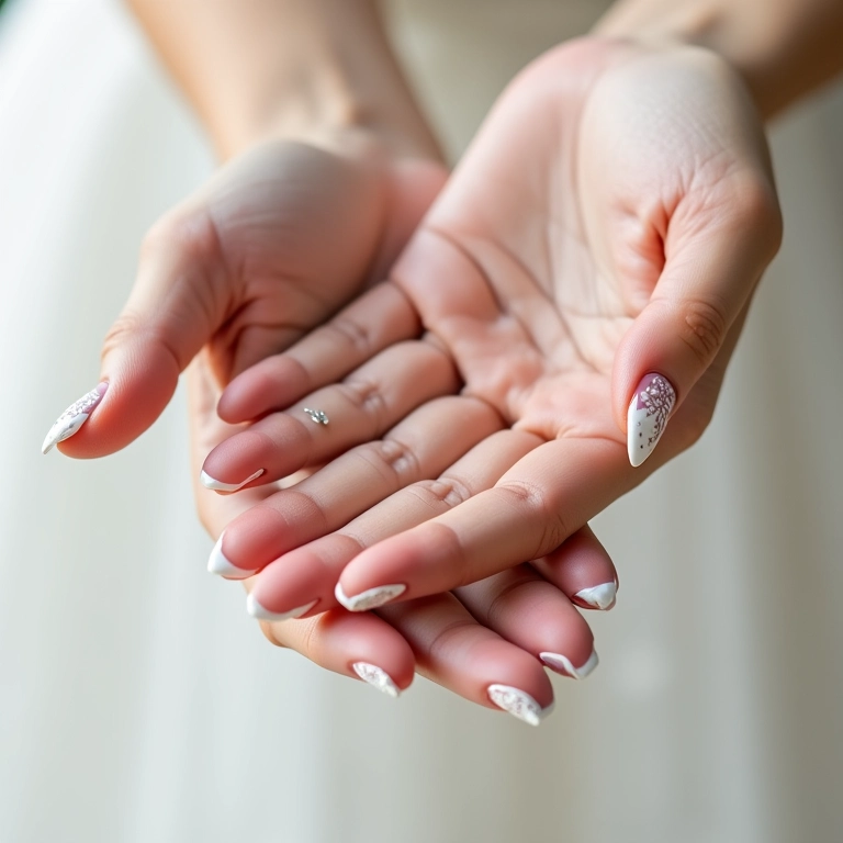 Renda: o clássico romântico nas unhas de noiva, delicado e atemporal.