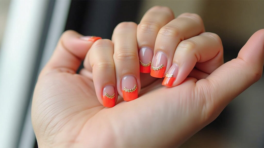 Repagined French manicure, vibrant neon tips, gold details, lifestyle photography, 8K quality, Francesinha repaginada com pontas neon e detalhes dourados.