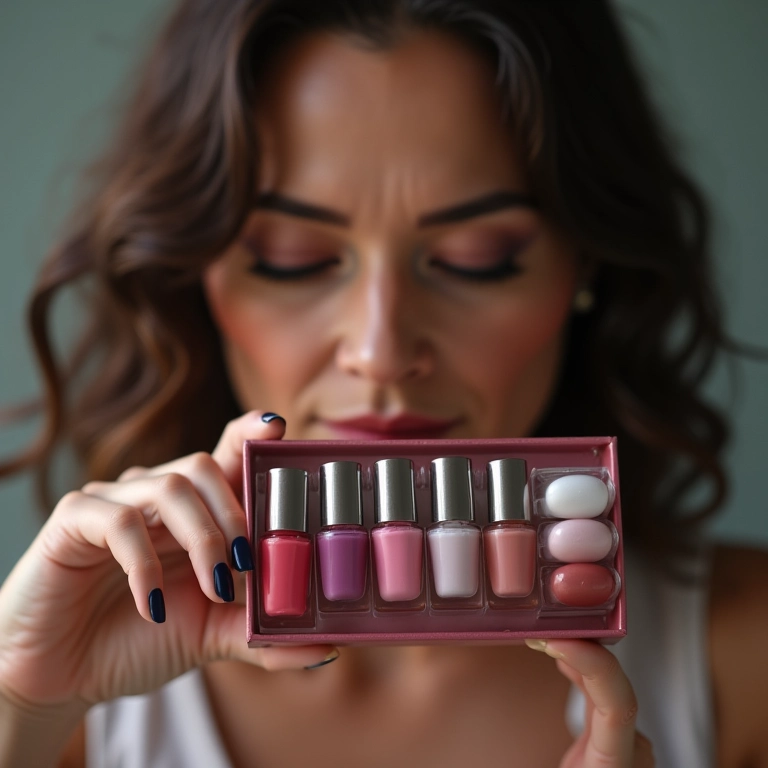 Revendedora analisando esmaltes importados, produtos diferenciados.