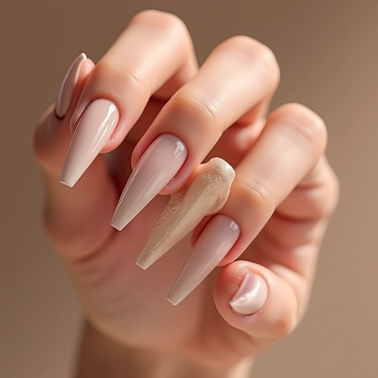 Riscos verticais em unhas alongadas com cores nude.