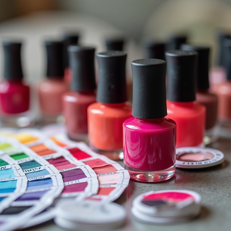 Roda de cores ao lado de frascos de esmaltes para combinar as cores.