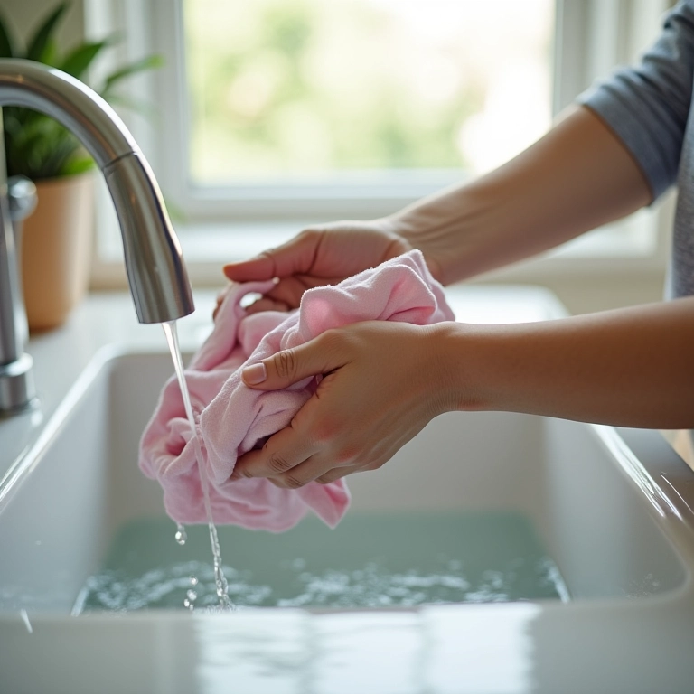 Roupa manchada sendo lavada à mão com água fria.