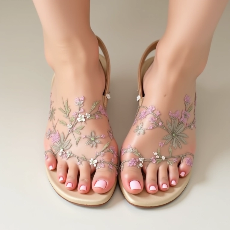 Sapatos com estampa floral delicada feita com esmalte.