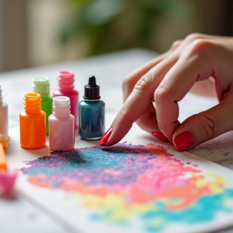 Seleção de esmaltes coloridos para decoração de unhas com esponja.