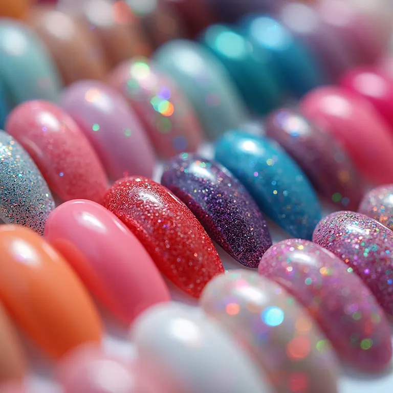 Seleção de esmaltes para nail art Kpop, com cores vibrantes e acabamentos com glitter.