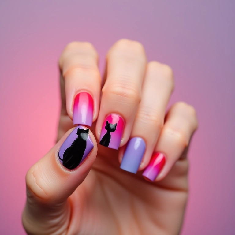 Silhueta de gato elegante em unhas.