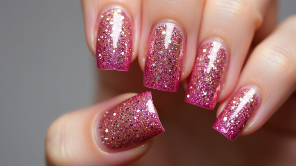 Sparkling Barbie nails with pink and gold glitter, glamorous and eye-catching, professional Unhas Barbie com glitter rosa e dourado.
